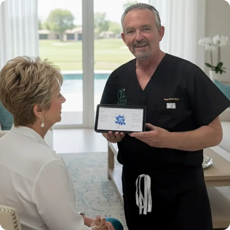 Dr. Ron Hunt providing an in-home remote regenerative care consultation, illustrating the Alpha Regenesis concierge model designed to support the lifestyles of residents in exclusive neighborhoods like Port Royal and Grey Oaks.
