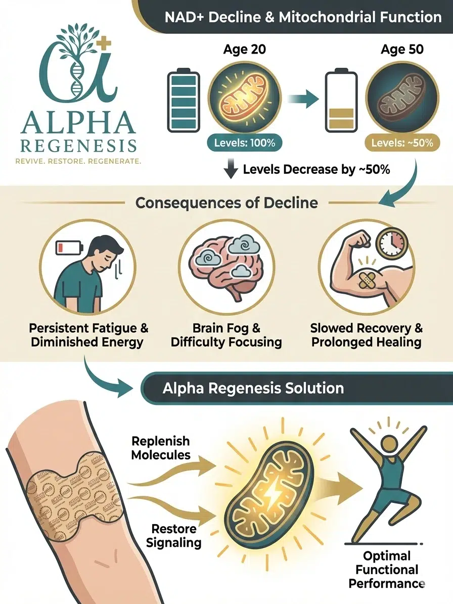 Alpha Regenesis infographic explaining how the Push Patch combats NAD+ decline and restores mitochondrial health to resolve persistent fatigue and brain fog for optimal functional performance.